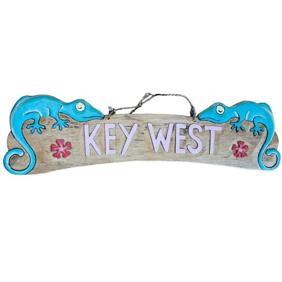 Wood Burned Key West Sign Iguana Lizards Hibiscus Flowers Pool Decor - Picture 1 of 10
